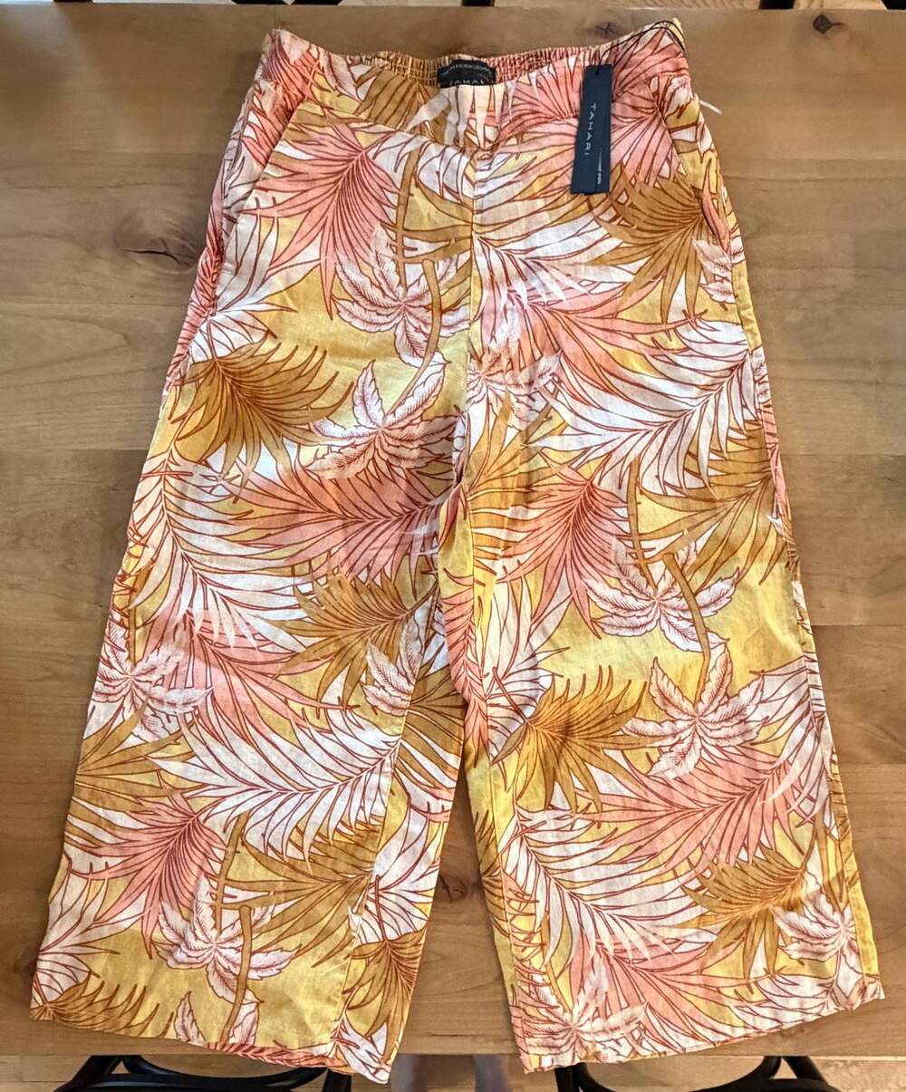 Tahari Luxe Linen Tropical Palm Print Wide Leg Pants Size M